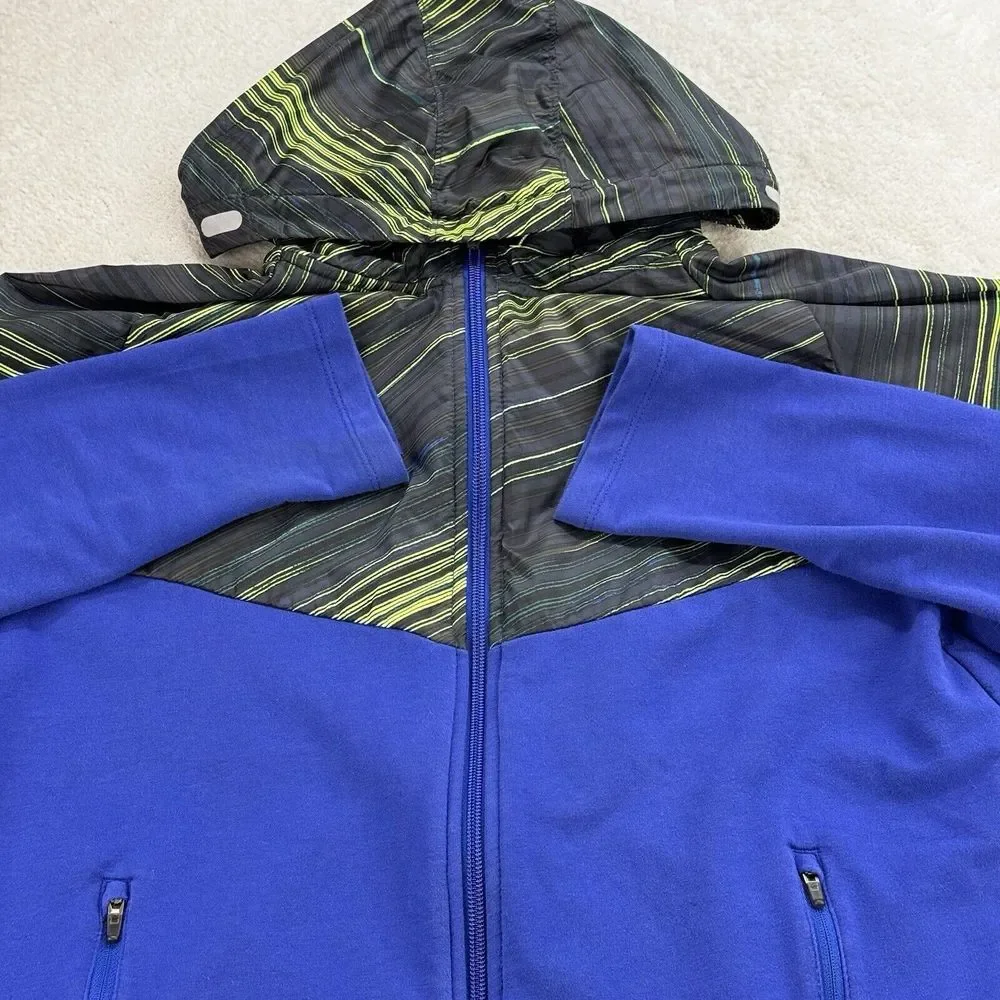 Nike Running Dri-Fit Full Zip Jacket Women M LS Hooded Zip Pkts‎ Blue Hi Vis.